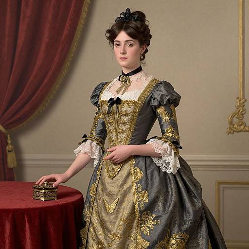 Digital painting of a Victorian-era woman in an ornate, black and gold dress with lace cuffs, standing beside a red table.