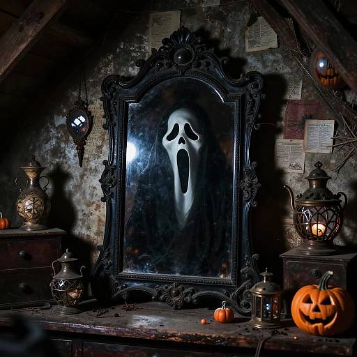 Dark, spooky photograph of a ghostly figure in a mirror, surrounded by antique lanterns, pumpkins, and old papers in a dimly lit