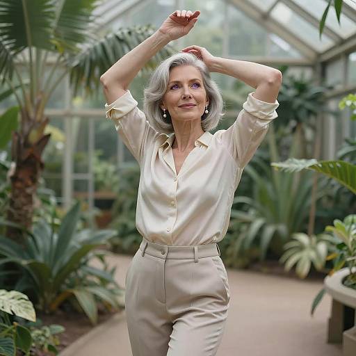 Photograph of an elegant elderly woman with short gray hair, wearing a cream blouse and beige pants, posing gracefully in a lush greenhouse with vibrant plants and