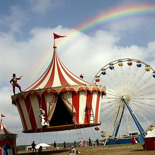 Photograph of a red-and-white striped circus tent with a performer on top, a Ferris wheel, and a rainbow in a bright, cloudy sky