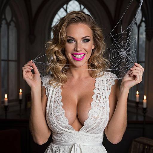 Photograph of a smiling blonde woman with curly hair, large breasts, and pink lipstick, holding a spider web in a gothic church, wearing a