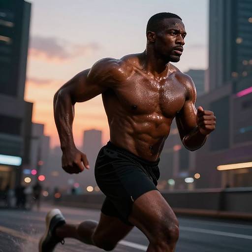Photograph of a muscular, shirtless Black man running in black shorts on a city street at dusk, glistening with sweat. Urban skyline with soft
