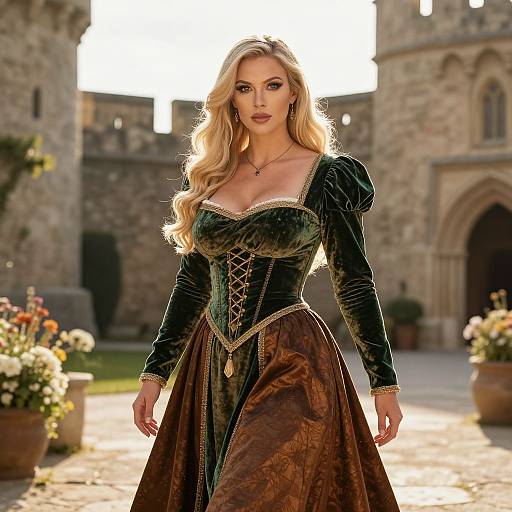 Photograph of a blonde woman with long wavy hair, wearing a green velvet corset and brown skirt, standing in a sunlit stone courtyard with