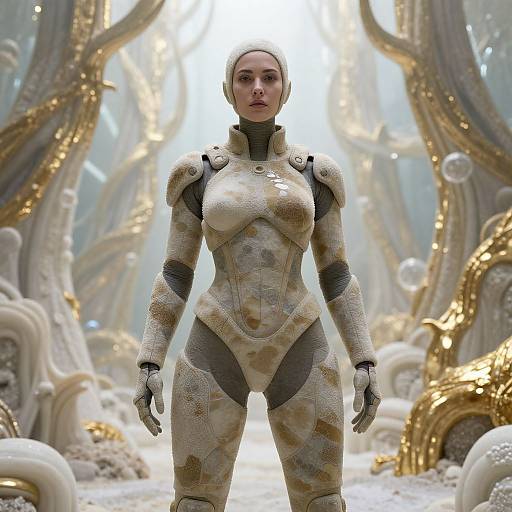 Photorealistic CGI of a strong, armored, blonde woman with a sleek, form-fitting, beige and gray suit standing in a glowing, eth