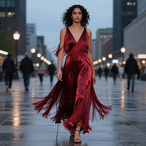 Photograph of a curly-haired woman in a deep red, fringed, V-neck dress, walking on a wet, city street at dusk, with