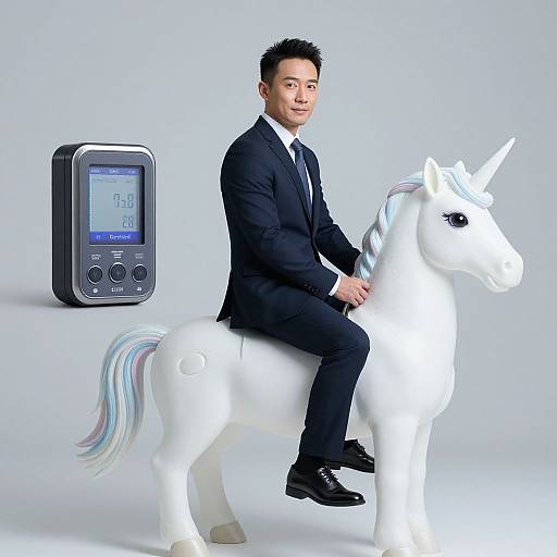Photograph of an Asian man in a black suit riding a white unicorn with a multicolored mane, next to a digital fitness tracker.