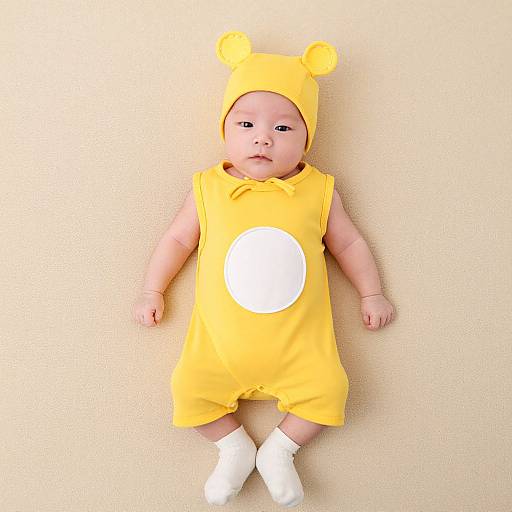Photograph of a baby with light skin, wearing a bright yellow onesie with bear ears, white circle, and matching white socks, lying on a