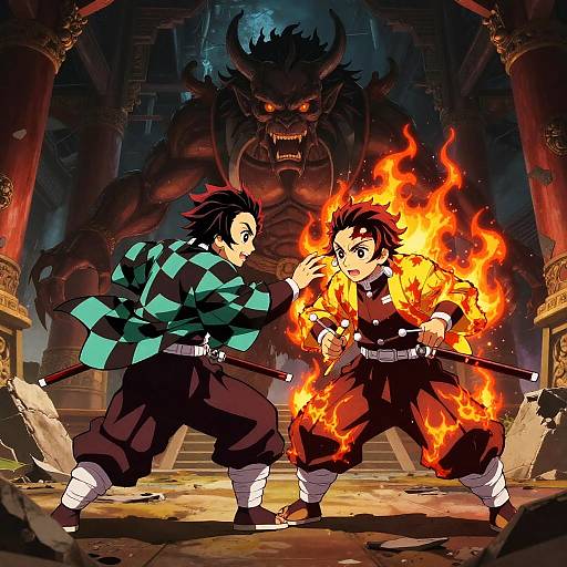 Digital anime artwork: Two boys in black and green checkered shirts and black pants duel with fire, facing a menacing dark demon in a temple. Dynamic
