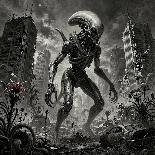 Digital art: A monstrous, black, alien creature with a long, sleek head and sharp claws stands in a ruined, overgrown cityscape, surrounded
