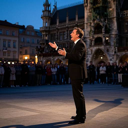 Photograph of a man in a black suit, standing on a lit stage, clapping at a twilight outdoor event with a historic, stone building and