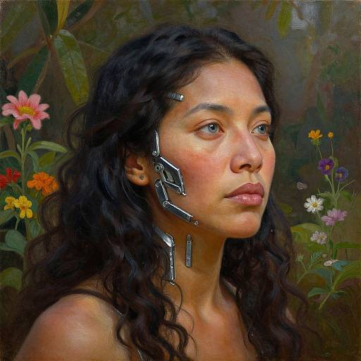 Digital painting of a young woman with curly black hair, cybernetic face implants, and bare shoulders, surrounded by colorful flowers.