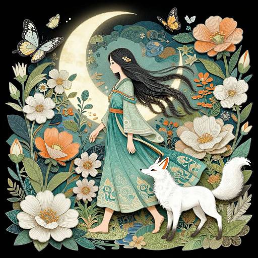 Digital illustration of a long-haired woman in a teal kimono, surrounded by large flowers, a white rabbit, and butterflies, under a crescent moon