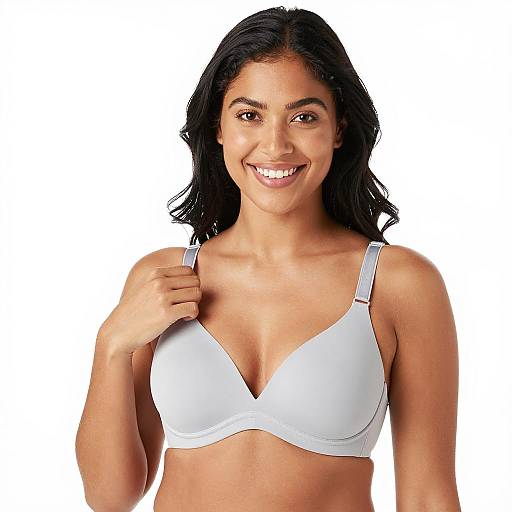 Smiling Woman in Light Gray Bra