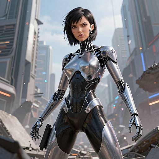 CGI image of a black-haired woman in a sleek, silver and black robotic suit standing confidently in a futuristic, ruined cityscape.