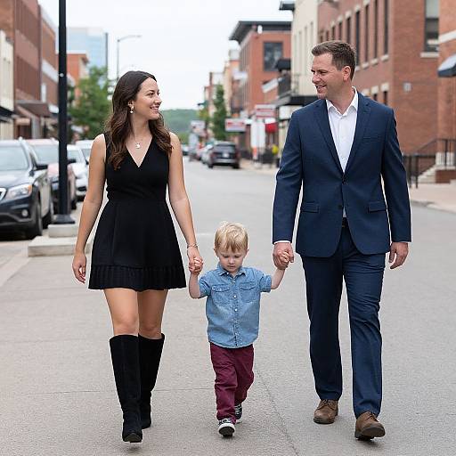 Photograph of a smiling couple in black suits and a black dress holding hands with a blond child in a blue shirt and maroon pants, walking down