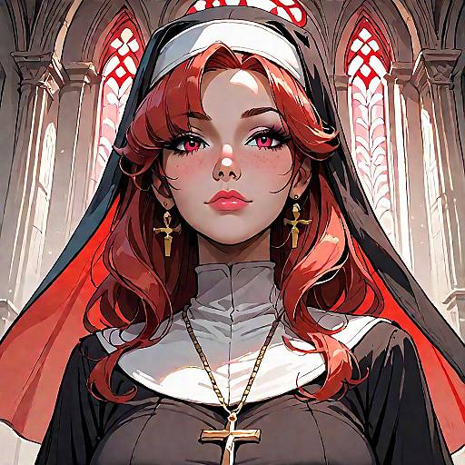 Mature Nun with Red Hair in Chapel