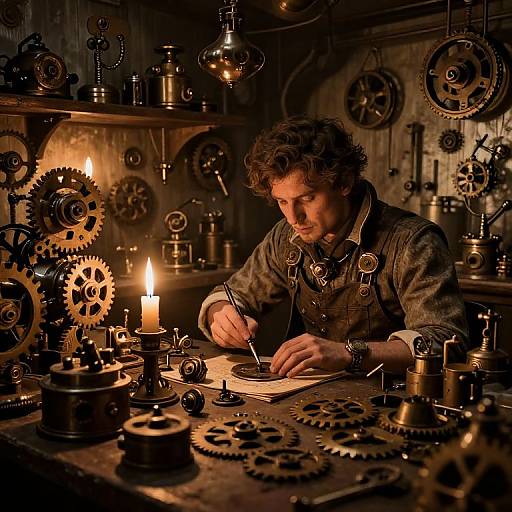 Photograph of a curly-haired man in steampunk attire, writing in a notebook surrounded by illuminated candles, gears, and brass machinery in a dim