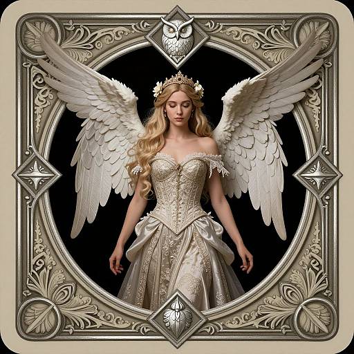 Digital artwork of a blonde angelic woman with white wings, golden crown, and ornate off-shoulder gown, framed by elaborate silver diamond patterns