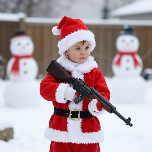 Child in Santa Outfit Playing in Snow