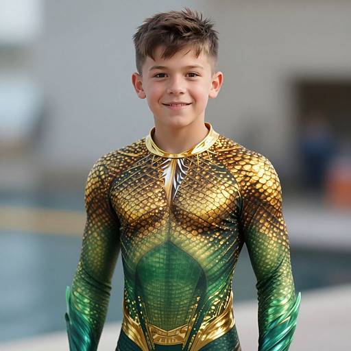 Young boy smiling, wearing a detailed, gold and green aquatic superhero costume with scales, standing outdoors in a blurred background. Photorealistic CGI.
