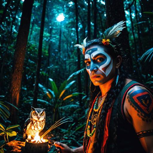 Amazonian Storyteller with Painted Face and Owl at Night Amazonian Storyteller with Painted Face and Owl at Night