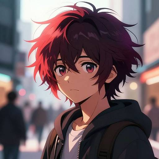 Anime-style digital illustration of a young man with messy black hair, red highlights, and pink eyes, wearing a black hoodie, standing in a blurred city