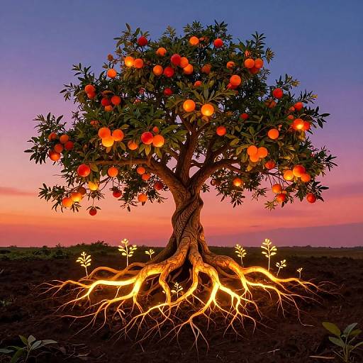 Photograph of an orange tree with glowing orange fruits and roots against a vibrant sunset sky, blending purple, pink, and orange hues.