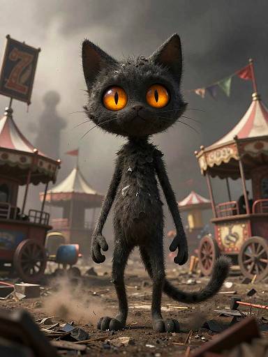 CGI image of a black, furry, wide-eyed cat with glowing orange eyes standing in a dusty, smoky circus tent area with colorful flags and