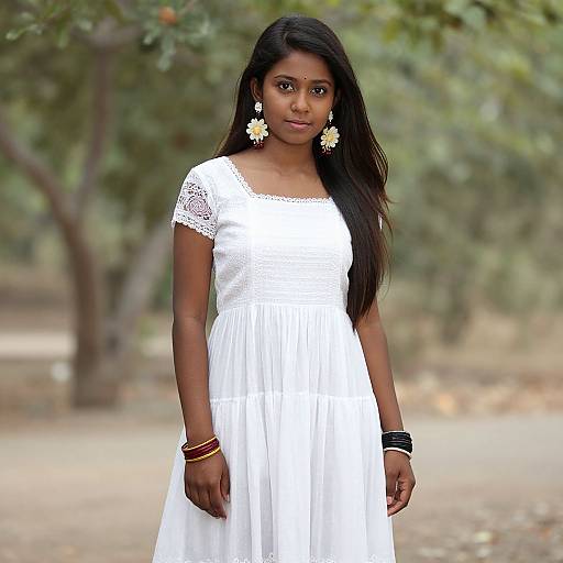 Photograph of a young Black woman with long black hair, wearing a white lace-trimmed dress, daisy earrings, and multiple bangles,