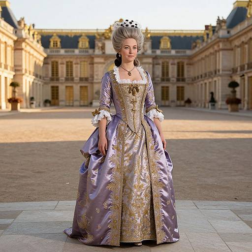 Photorealistic digital artwork of a regal woman in a lavender, gold-embroidered Rococo gown, standing in a sunlit, grand