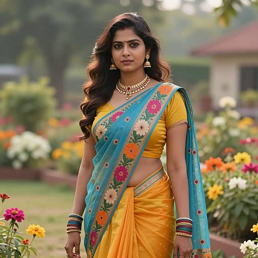 Vibrant Indian Woman in Flower Garden