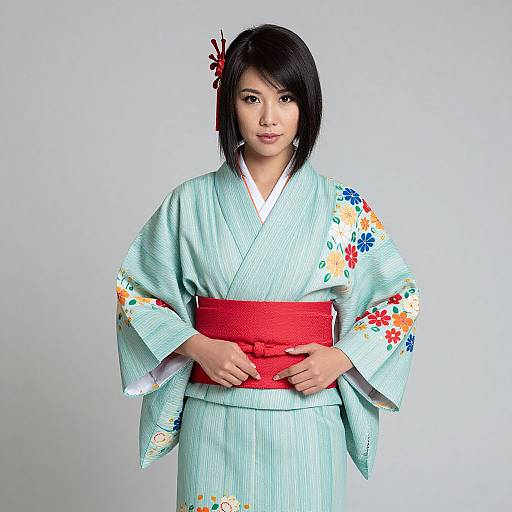 Photograph of an Asian woman with short black hair, wearing a light blue floral kimono with a red obi belt, standing against a plain white