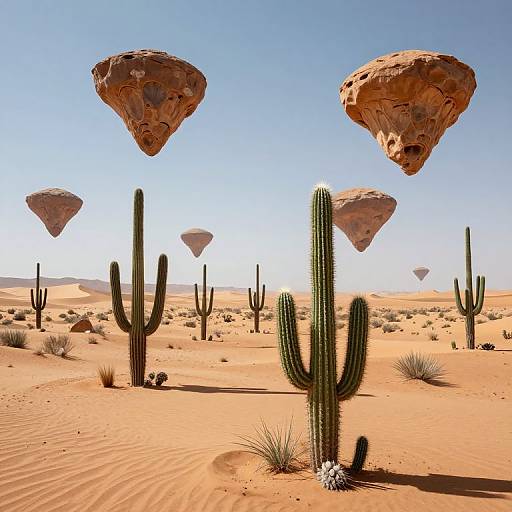 Photorealistic desert scene with tall cacti, orange sand, and floating, rocky, saucer-shaped UFOs against a clear blue sky.