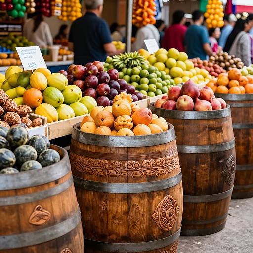 Vibrant photograph of wooden barrels filled with colorful fruits—lemons, limes, apples, pears—displayed at an outdoor market,