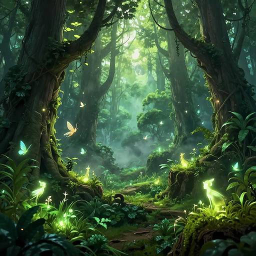 Digital fantasy forest scene with glowing green and blue fireflies, illuminated by sunlight filtering through towering, moss-covered trees.