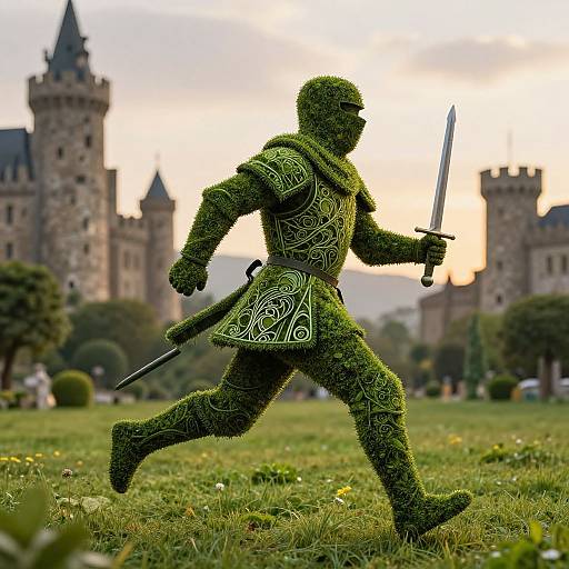 Photograph of a green, holly-man silhouette knight in intricate armor, holding a sword, running in a grassy field with a medieval castle in