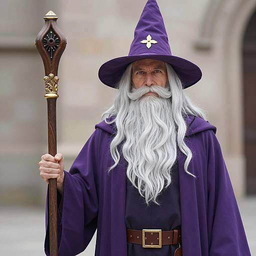 Photorealistic Wizard in Purple Costume with Staff