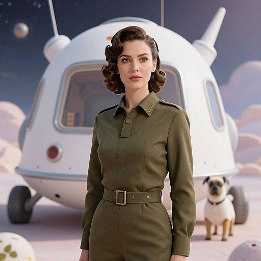 Vintage-style photograph of a fair-skinned woman with dark, curled hair, wearing a green military-style dress, standing in front of a white spaceship with
