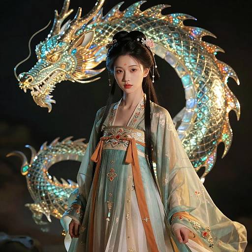 Woman in Traditional Hanfu with Illuminated Dragon