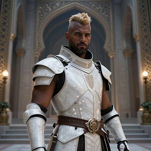 Photorealistic CGI of a muscular, dark-skinned man with a blond mohawk, wearing gleaming silver armor, standing in an ornate,