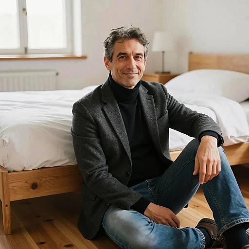 Photograph of a middle-aged man with gray hair, black blazer, black turtleneck, blue jeans, sitting on wooden floor beside a white