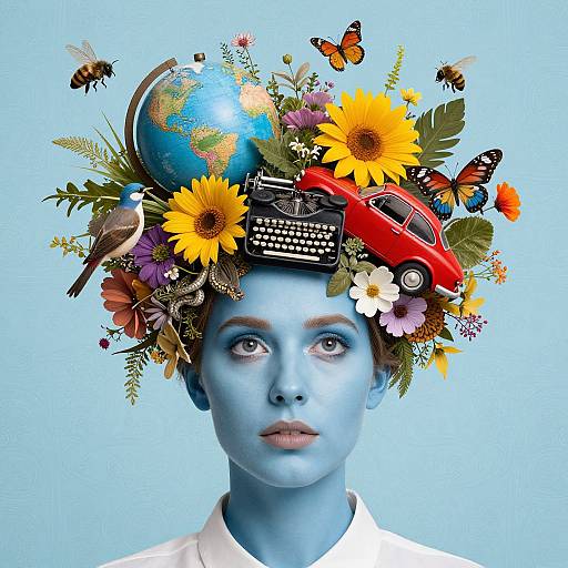 Photograph of a blue-skinned person with a colorful, surreal headpiece featuring sunflowers, a globe, red car, butterflies, and birds.