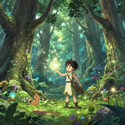 Anime-style digital illustration of a young boy in a forest, pointing at a glowing fairy, surrounded by lush greenery and colorful flowers.