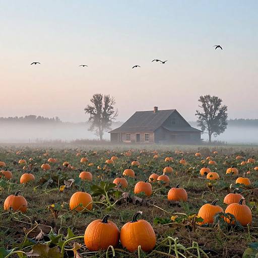 Misty Autumn Pumpkin Field Scene