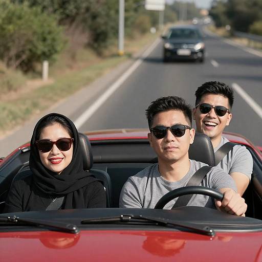Three Friends Driving in Red Convertible