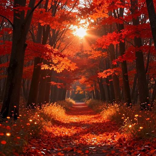 Photograph of a vibrant, red-leafed forest path with sunlight streaming through, casting a warm, glowing red and orange light. Fireflies illuminate