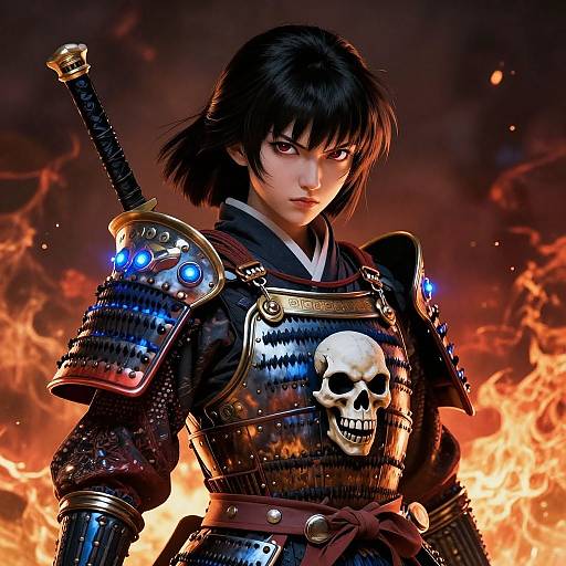 Digital art of fierce samurai with black hair, red eyes, wearing black armor with skull emblem, sword sheath, fiery background.