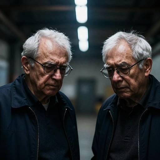 Elderly Men in Dim Industrial Setting