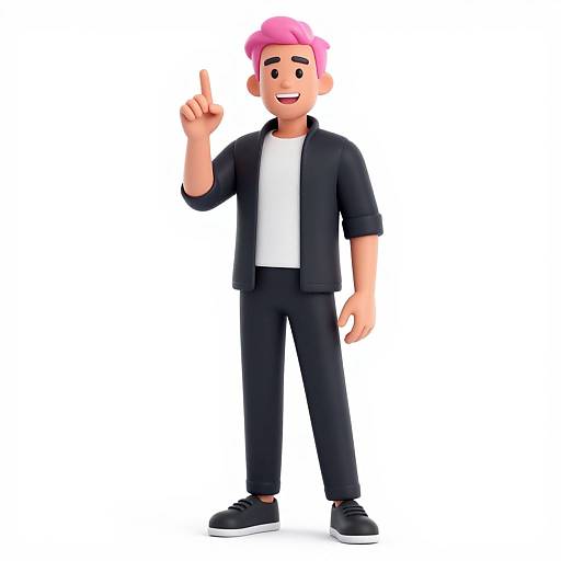 3D animated character with pink hair, black jacket, white shirt, black pants, and black shoes, pointing with his right index finger, smiling.