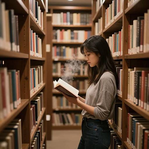 Photograph of an Asian woman with long black hair, wearing a gray sweater and blue jeans, reading a book in a library aisle, surrounded by wooden